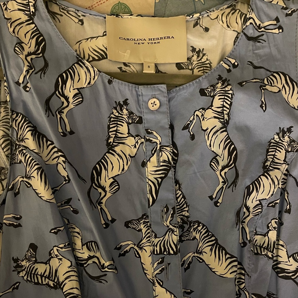 Carolina Herrera Light Blue & Cream Zebra Print Dress